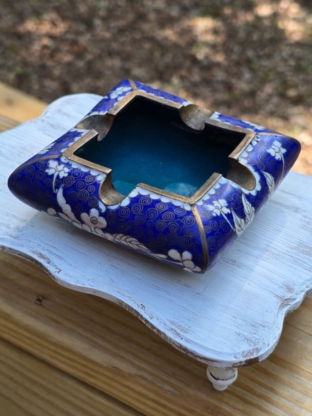 Vintage 1970's Brass Blue Cloisonné Square Raised Floral Leaf Ashtray MCM Decor